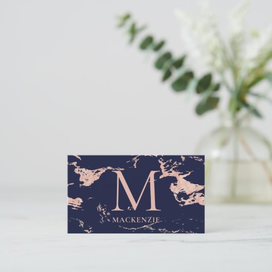 Navy Blue Copper Roos Gold Foil Marble Monogram Visitekaartje (Staand voorkant)
