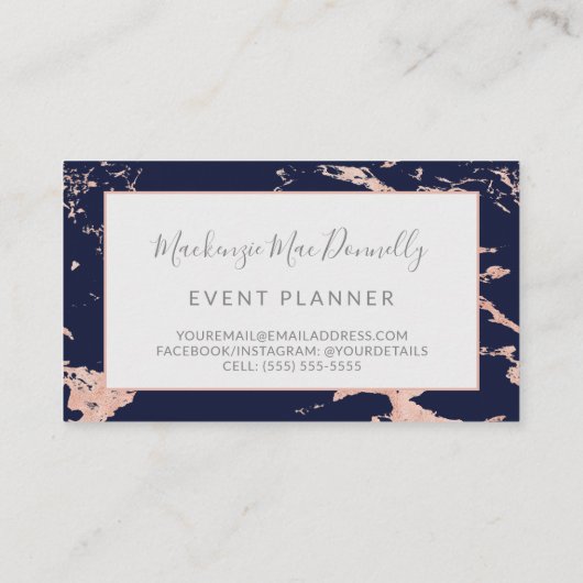 Navy Blue Copper Roos Gold Foil Marble Monogram Visitekaartje (Achterkant)