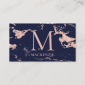 Navy Blue Copper Roos Gold Foil Marble Monogram Visitekaartje (Voorkant)