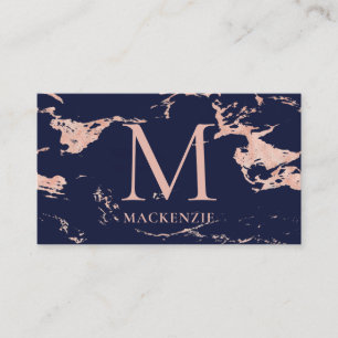 Navy Blue Copper Roos Gold Foil Marble Monogram Visitekaartje