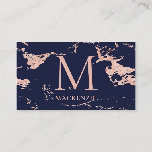 Navy Blue Copper Roos Gold Foil Marble Monogram Visitekaartje (Voorkant)