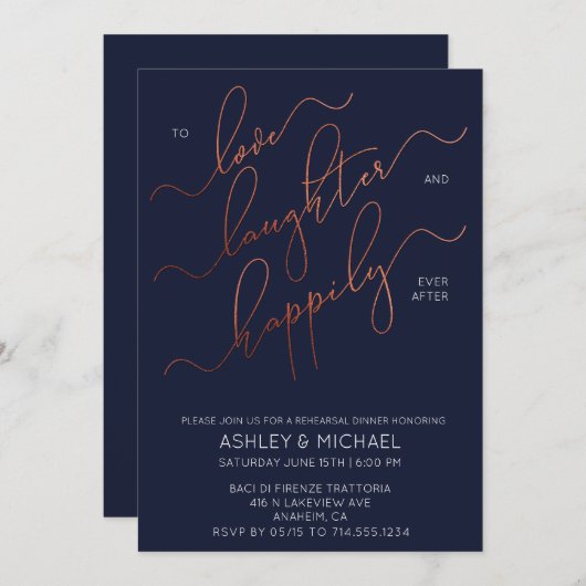 Navy Blue Copper Script Repetitie Diner Uitnodigen Kaart (Voorkant / Achterkant)
