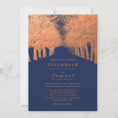 Navy Blue Copper Trees Avenue Wedding Invitation Kaart (Voorkant)