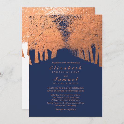 Navy Blue Copper Trees Avenue Wedding Invitation Kaart (Voorkant / Achterkant)