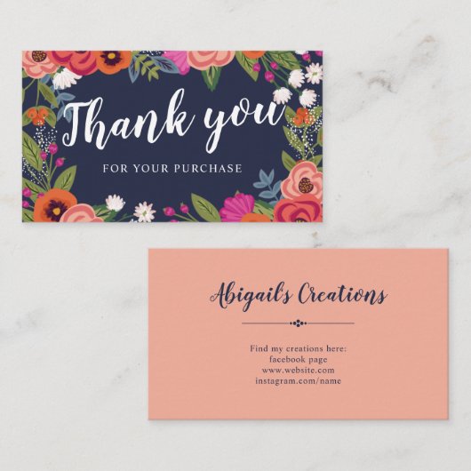 Navy Blue Coral Boho Floral Lijst Bedankt Visitekaartje (Voorkant / Achterkant)