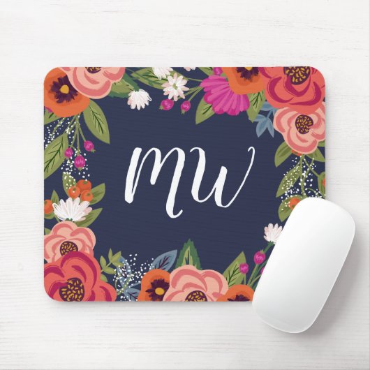 Navy Blue Coral Boho Flower Lijst Monogramed Muismat (Met muis)