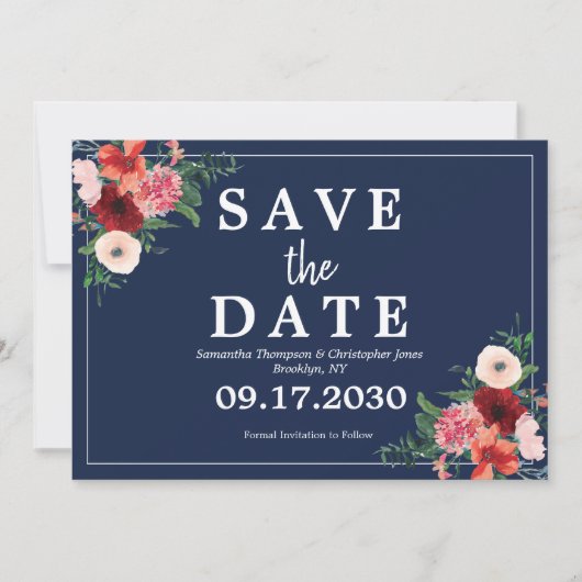 Navy Blue Coral Burgundy Floral Photo Wedding Save The Date (Voorkant)