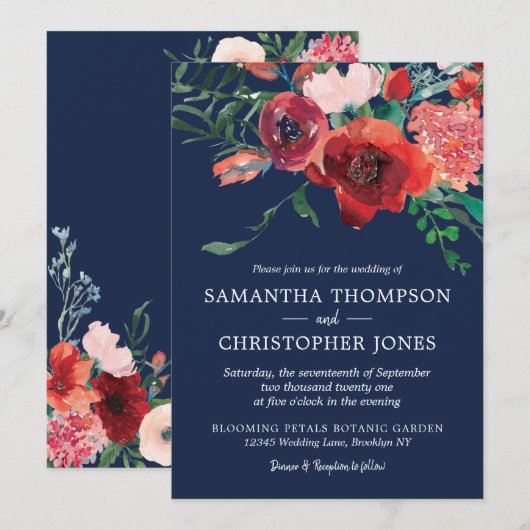 Navy Blue Coral Burgundy Floral Waterverf Weddensc Kaart (Voorkant / Achterkant)