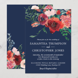 Navy Blue Coral Burgundy Floral Waterverf Weddensc Kaart