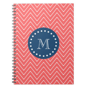 Navy Blue, Coral Chevron Pattern   Uw monogram Notitieboek