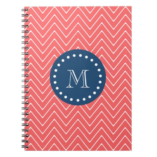 Navy Blue, Coral Chevron Pattern | Uw monogram Notitieboek (Voorkant)