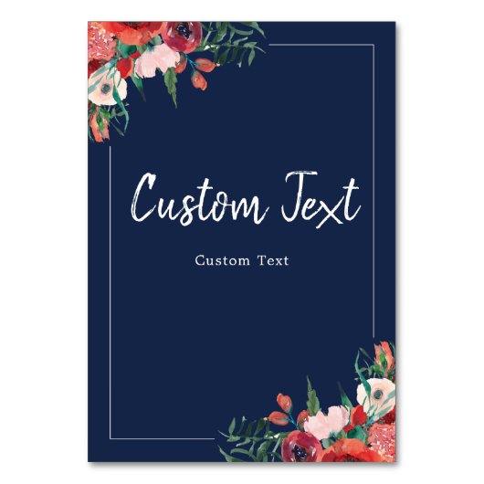 Navy Blue Coral Floral Reserved Wedding Sign Table Kaart (Voorkant)