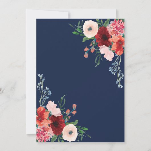 Navy Blue Coral Floral Waterverf Moderne bruiloft Kaart (Achterkant)