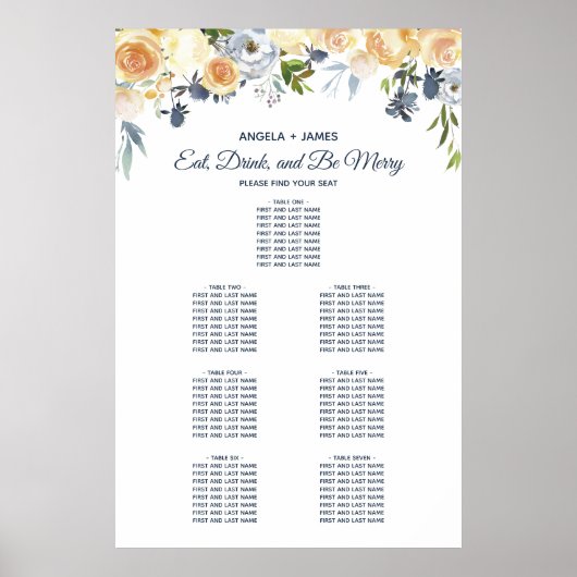 Navy Blue Coral Floral Wedding Seating Chart Poster (Voorkant)