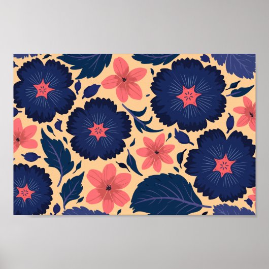 Navy Blue & Coral Flowers op warme Cream Achtergro Poster (Voorkant)