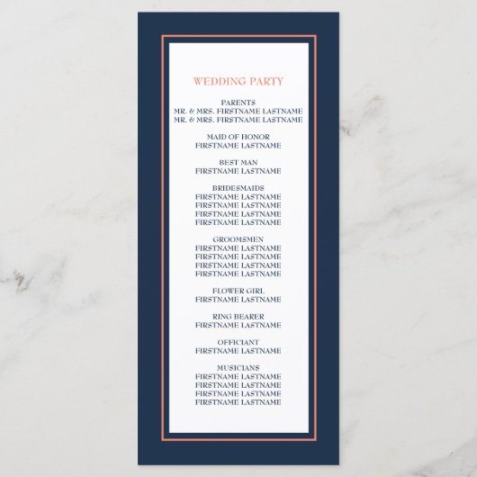 Navy Blue Coral Modern minimalist Weddenschap Programmakaart (Achterkant)
