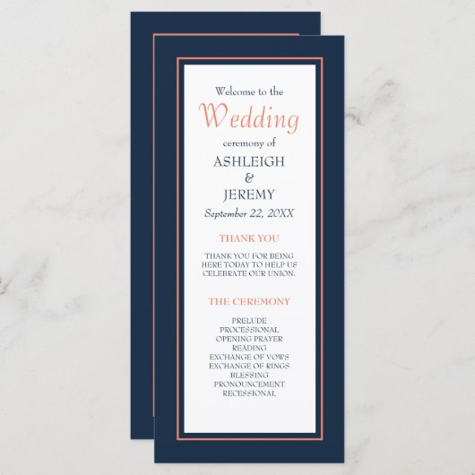 Navy Blue Coral Modern minimalist Weddenschap Programmakaart (Voorkant / Achterkant)