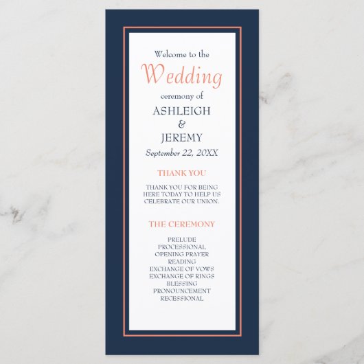 Navy Blue Coral Modern minimalist Weddenschap Programmakaart (Voorkant)