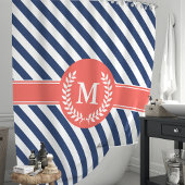 Navy Blue & Coral Nautical Stripes Monogram Douchegordijn