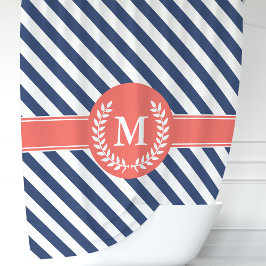 Navy Blue & Coral Nautical Stripes Monogram Douchegordijn