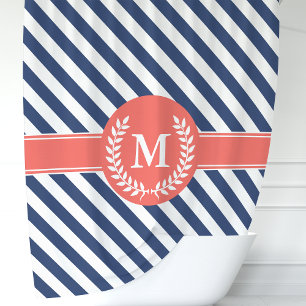 Navy Blue & Coral Nautical Stripes Monogram Douchegordijn