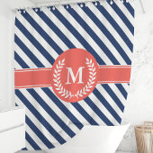 Navy Blue & Coral Nautical Stripes Monogram Douchegordijn