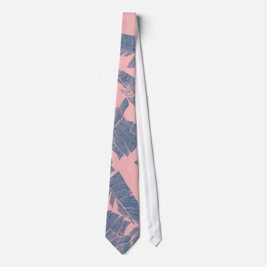 Navy Blue Coral Pink Banana Leaves Patroon Stropdas (Voorkant)