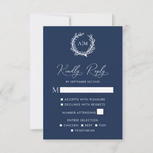 Navy Blue Coral Reef Nautical Wedding RSVP Kaart (Voorkant)