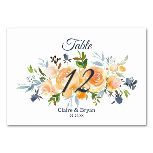Navy Blue Coral Waterverf Bloemen Tafel Kaart (Voorkant)