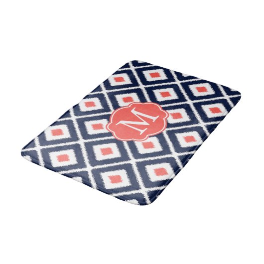 Navy Blue, Coral, White Ikat Diamond Pattern Badmat (Gekanteld)
