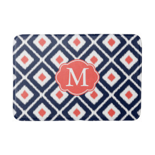 Navy Blue, Coral, White Ikat Diamond Pattern Badmat