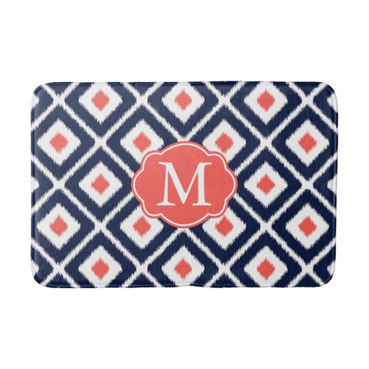Navy Blue, Coral, White Ikat Diamond Pattern Badmat (Voorkant)