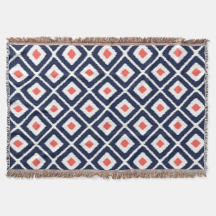 Navy Blue, Coral, White Ikat Diamond Pattern Deken