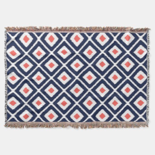 Navy Blue, Coral, White Ikat Diamond Pattern Deken (Voorkant)