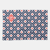 Navy Blue, Coral, White Ikat Diamond Pattern Theedoek (Horizontaal)