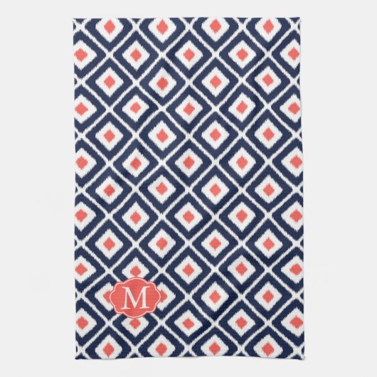 Navy Blue, Coral, White Ikat Diamond Pattern Theedoek (Verticaal)