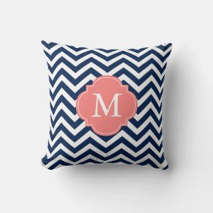 Navy Blue Coral Zigzag Pattern Monogram Kussen