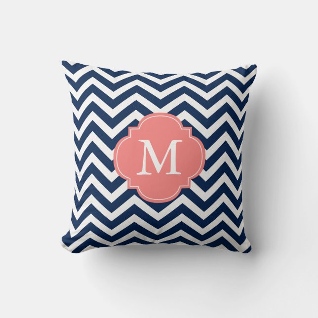 Navy Blue Coral Zigzag Pattern Monogram Kussen (Voorkant)