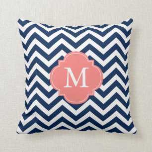 Navy Blue Coral Zigzag Pattern Monogram Kussen