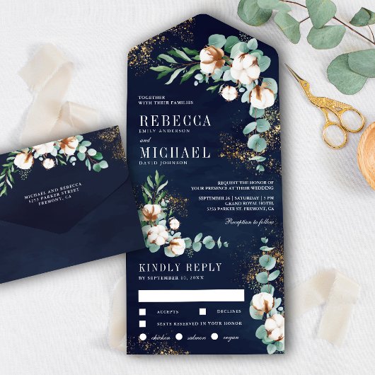 Navy Blue Cotton Gold Eucalyptus Branch Wedding All In One Uitnodiging