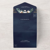 Navy Blue Cotton Gold Eucalyptus Branch Wedding All In One Uitnodiging (Buitenkant)