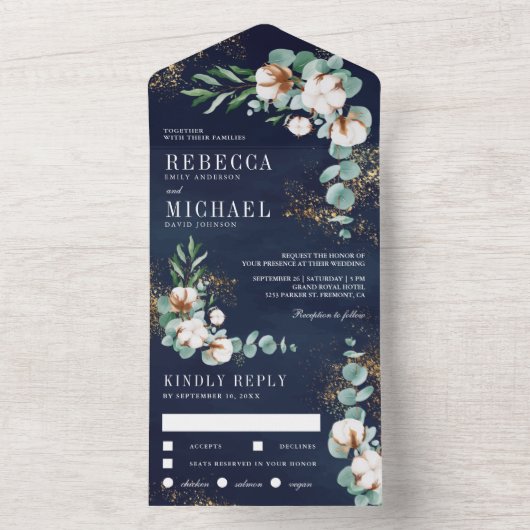 Navy Blue Cotton Gold Eucalyptus Branch Wedding All In One Uitnodiging (Binnen)