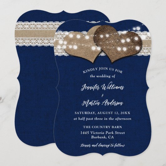 Navy Blue Country Burlap Lights Lights Wedding Kaart (Voorkant / Achterkant)