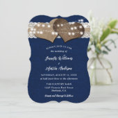 Navy Blue Country Burlap Lights Lights Wedding Kaart (Staand voorkant)