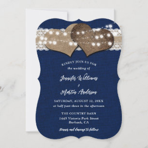 Navy Blue Country Burlap Lights Lights Wedding Kaart