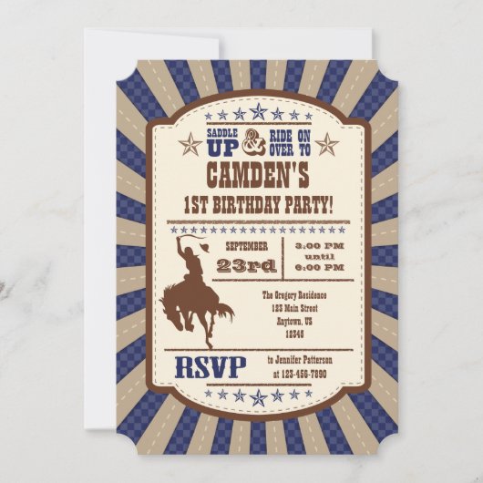 Navy Blue Cowboy Rodeo Birthday Kaart (Voorkant)