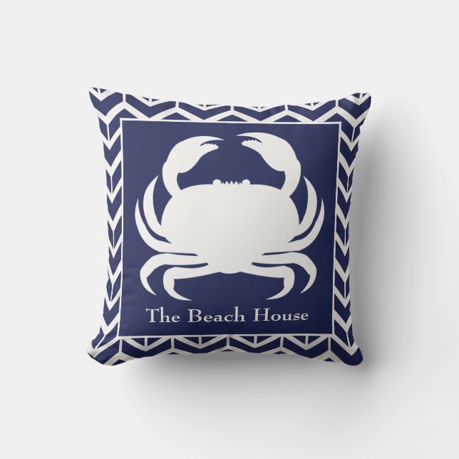 Navy Blue Crab Herringbone Personalize Nautical Kussen (Voorkant)