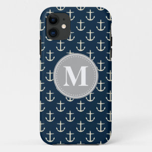 Navy Blue Cream Anchor Pattern Gray Monogram iPhone 11 Hoesje