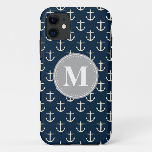 Navy Blue Cream Anchor Pattern Gray Monogram Case-Mate iPhone Case (Achterkant)