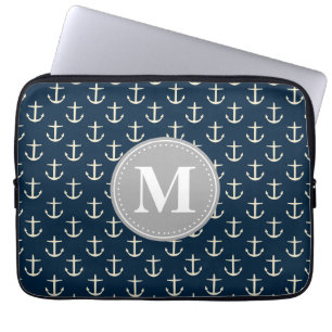 Navy Blue Cream Anchor Pattern Gray Monogram Laptop Sleeve